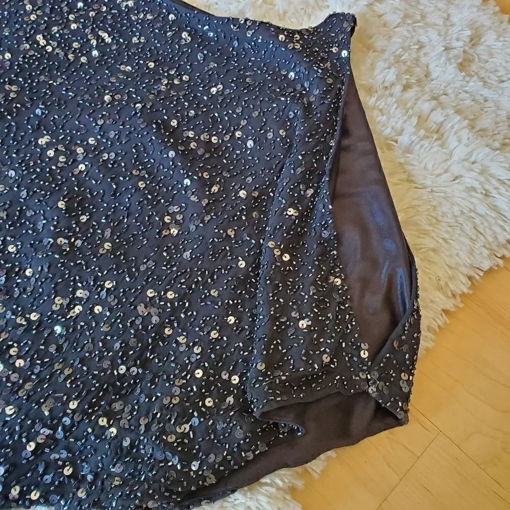 Aidan Mattox Cold Shoulder Sequin Dress Size 6 Black Party New Year's 100% Silk